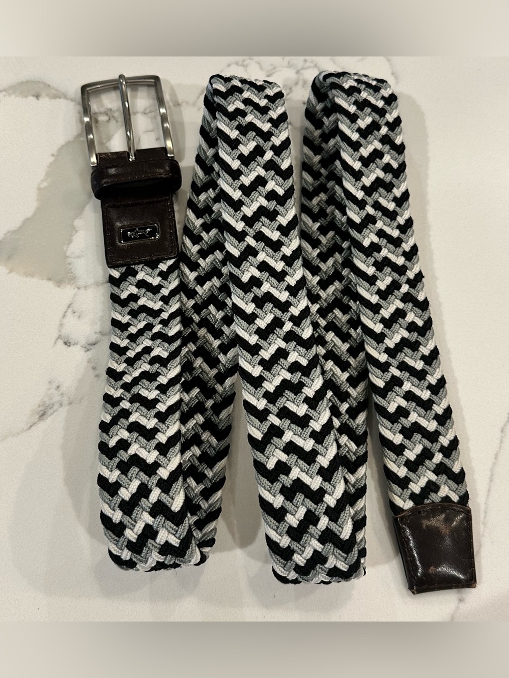 Greg Norman Braided Stretch Golf Belt 44 Black White Gray Herringbone Leather